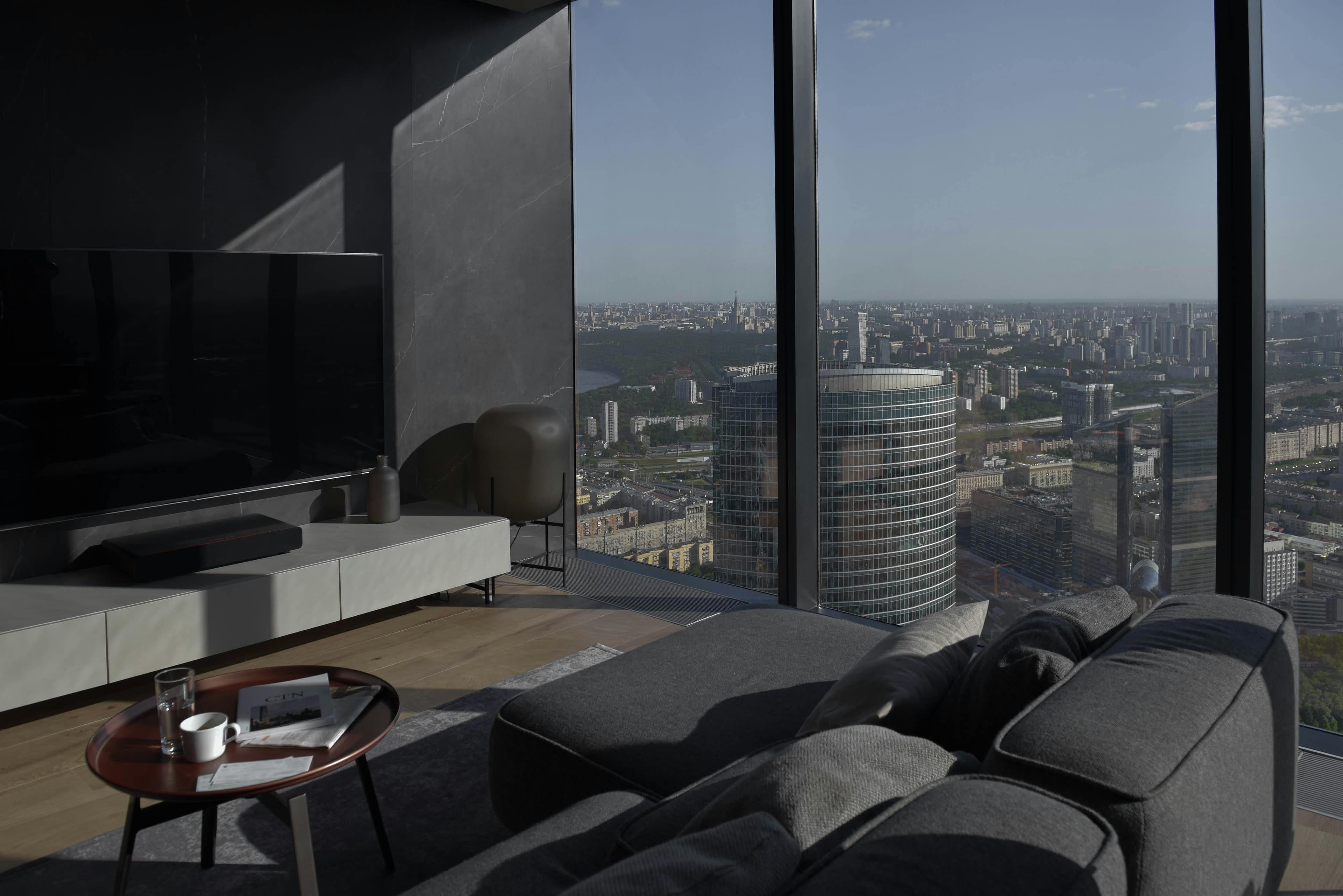 Modern interior with panoramic city view